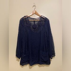 RAINN SILK Elegant Navy Lace Women's Blouse Top. Size S